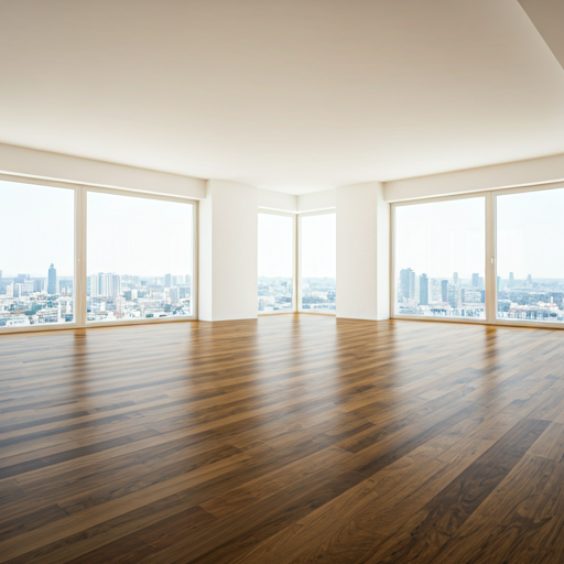 An empty, spacious modern living room with hardwood floors and large windows during daytime