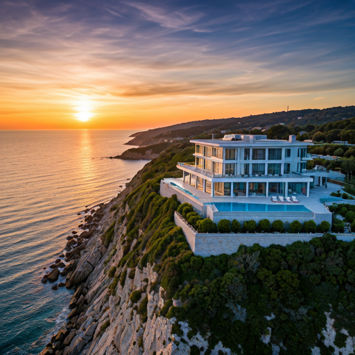 Aerial drone view of a residential property and surrounding landscape
