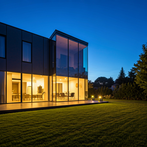 Residential exterior at dusk with balanced ambient and interior lighting
