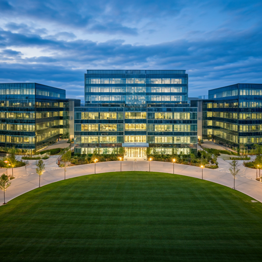 High-altitude drone aerial of a commercial property and surroundings