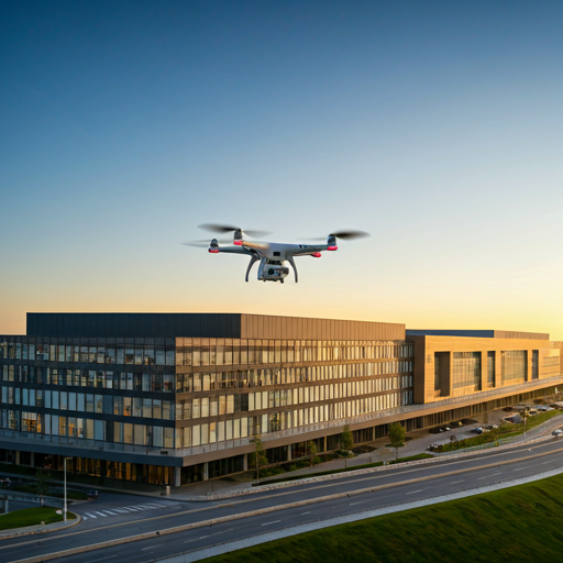 Aerial drone still of a commercial campus from elevated perspective