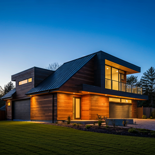 Exterior night photograph with balanced interior and landscape lighting