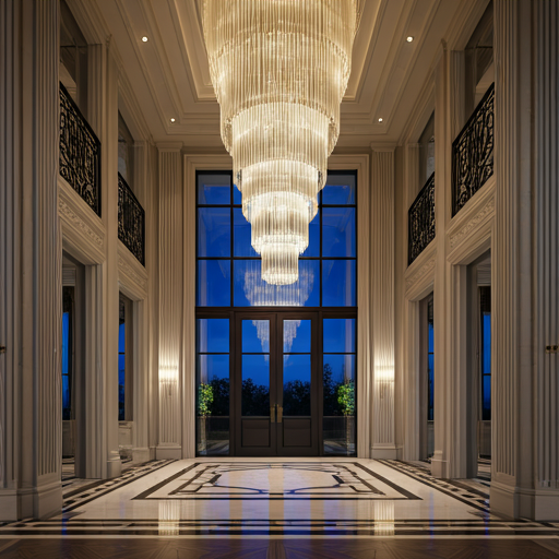 Architectural interior still captured during high-contrast evening light