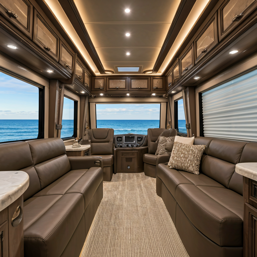 Wide-angle exterior shot of a fifth wheel in a scenic dealership lot