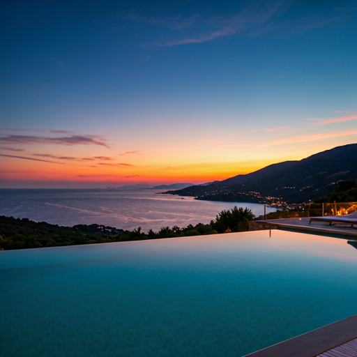 Coastal property at blue hour with pool illumination and scenic views