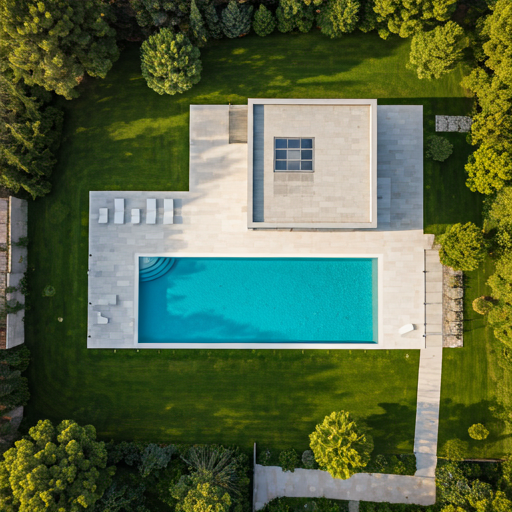 Aerial drone view of a sprawling estate surrounded by mature trees