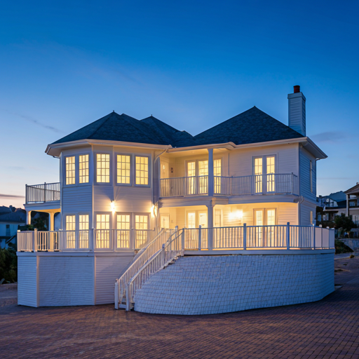 Estate entrance and driveway lit by landscape fixtures at twilight