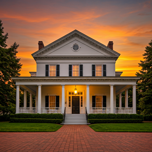 Twilight property exterior with dramatic cloud formations and ambient glow