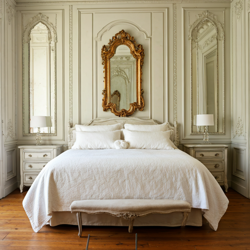 European provincial staging with ornate details and soft neutral tones
