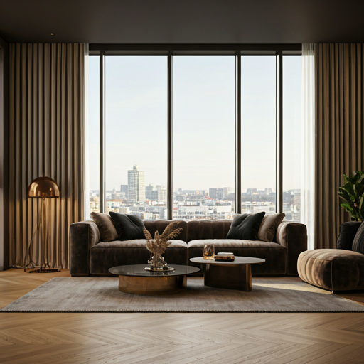 Bright modern living room captured with wide-angle architectural lens