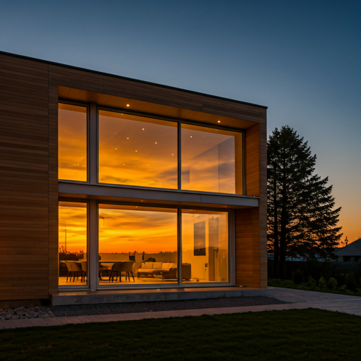 Twilight shot of a contemporary residence with landscape lighting on