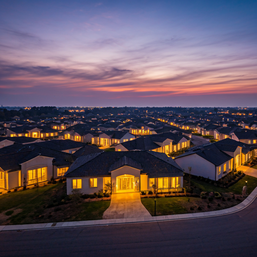 Wide aerial panorama showing neighborhood context and property boundaries